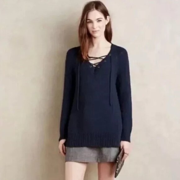 ANTHROPOLOGIE MOTH ROMANIA🇷🇴MADE Navy Asbury Laced Open Knit Sweater MEDIUM - Picture 3 of 11